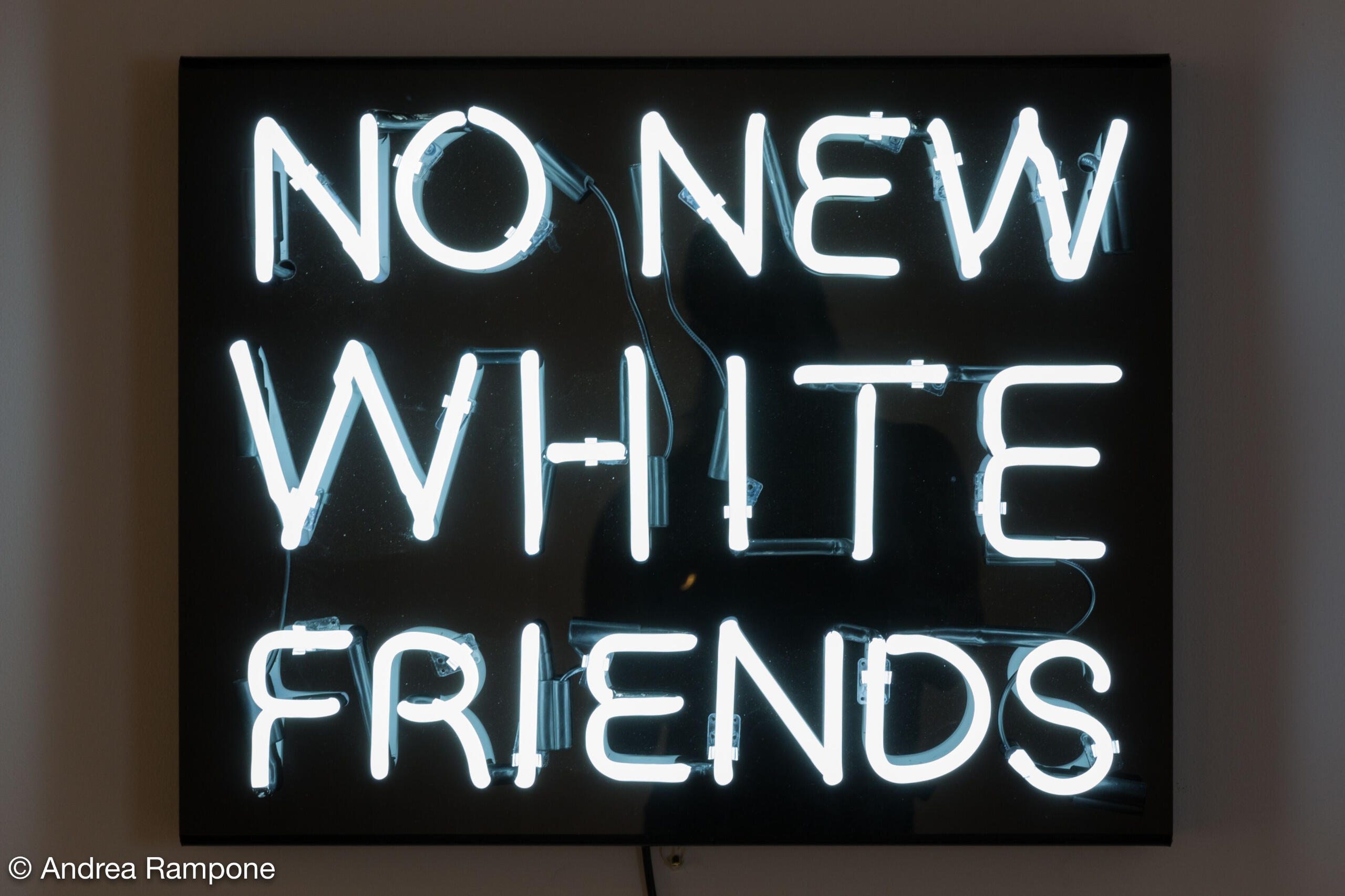 "No New White Friends," as featured in the group exhibition “YLA 22: AHORA,” curated by Alana Coates, at the Mexic-Arte, 2017. Neon fabrication credit King of Neon, photo credit Andrea Rampone, 2017